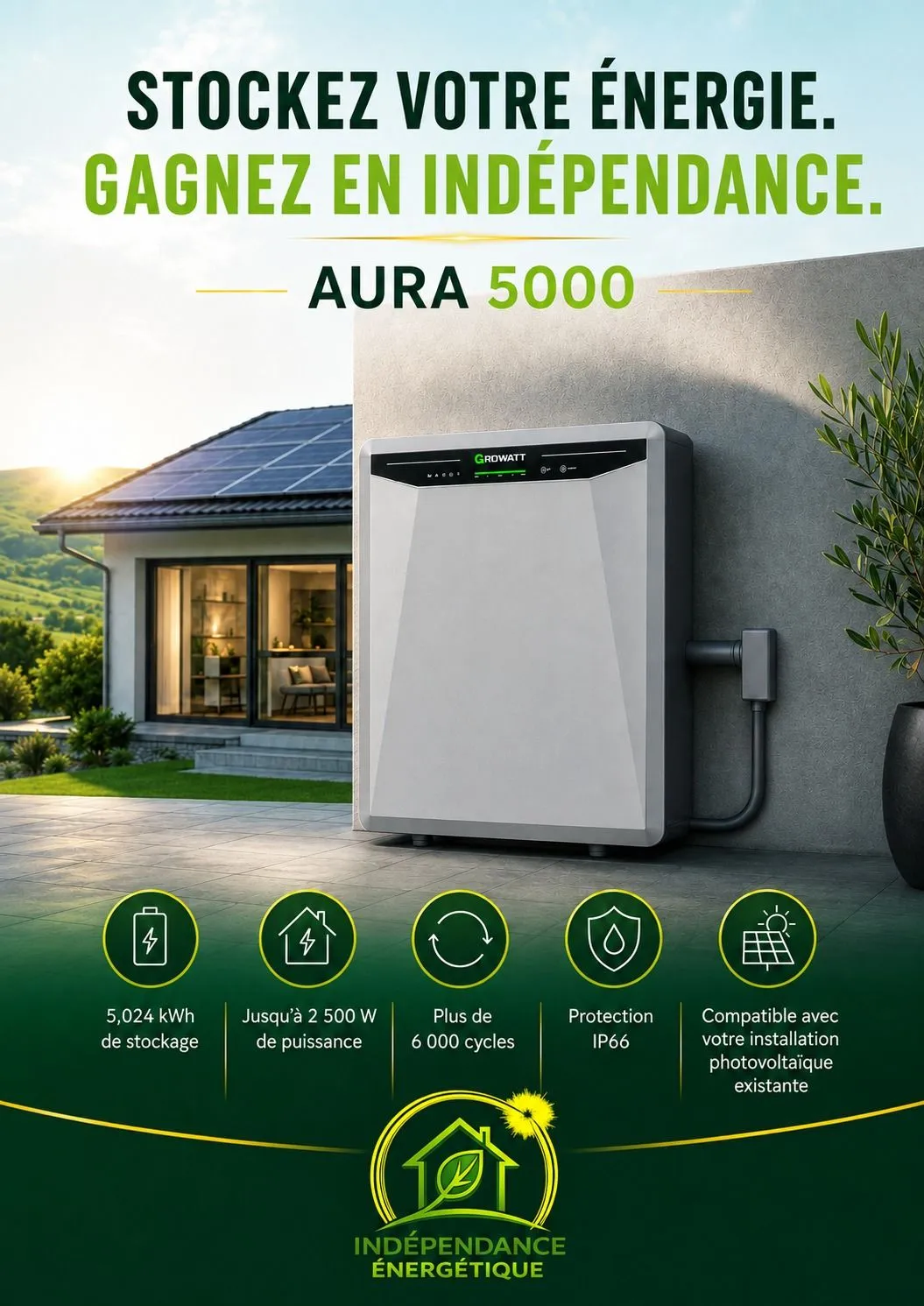 Affiche Indépendance Énergétique&nbsp;: batterie Growatt AURA 5000, 5,024&nbsp;kWh de stockage, jusqu’à 2 500&nbsp;W, plus de 6 000 cycles, protection IP66