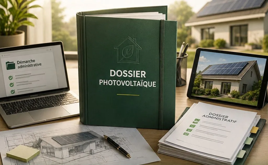 Dossier photovoltaïque, ordinateur et tablette sur un bureau