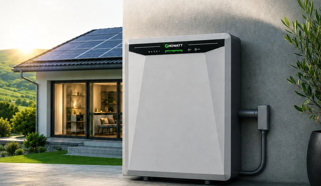 Batterie Growatt AURA 5000 fixée au mur d’une maison