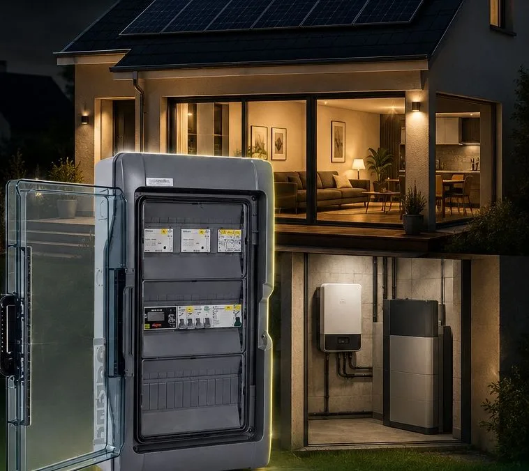 Coffret de secours Backup installé dans une maison, la nuit