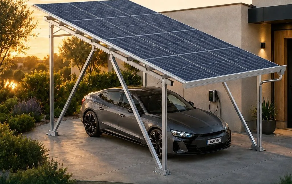 Carport solaire SPG5 abritant une voiture électrique