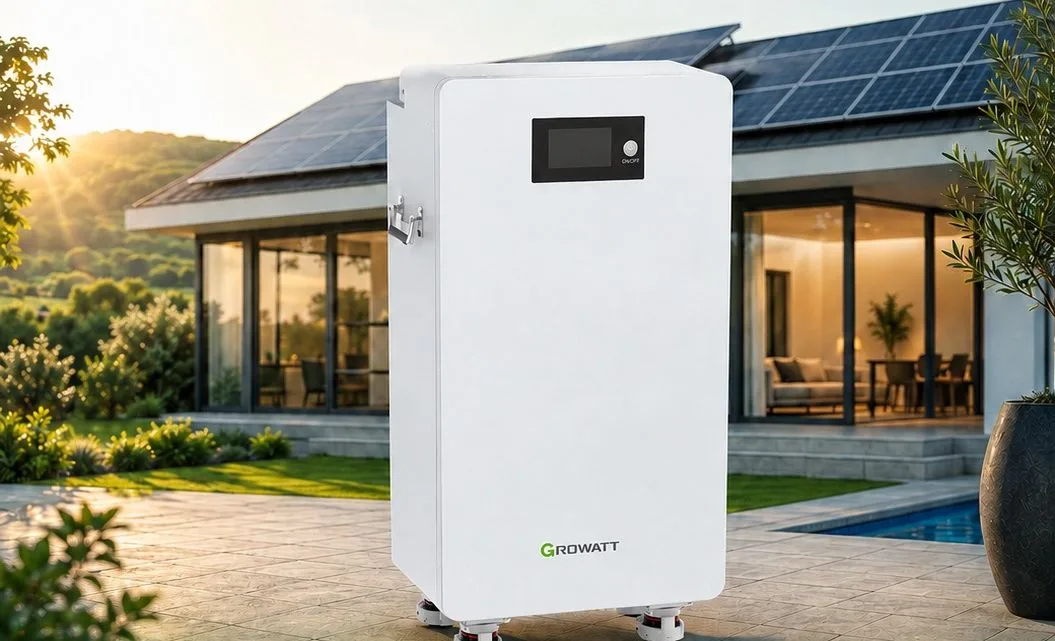 Batterie Growatt HOPE 16 kWh installée devant une maison équipée de panneaux solaires