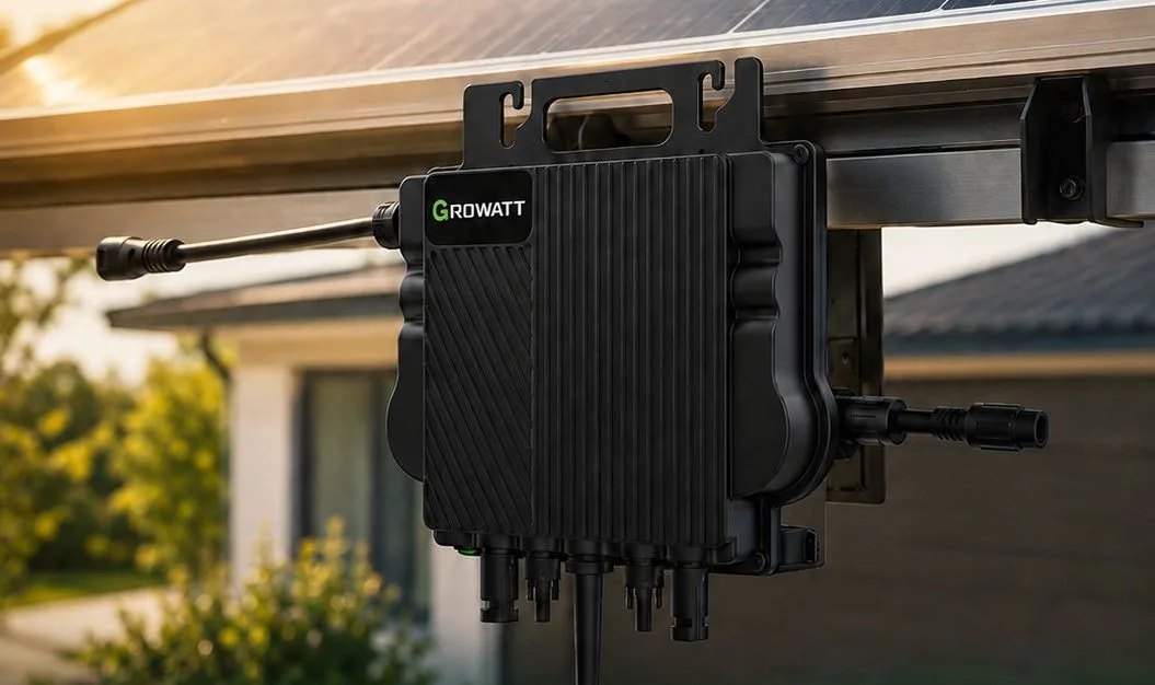 Micro-onduleur Growatt NEO fixé sous des panneaux solaires