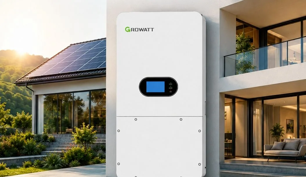 Onduleur hybride Growatt SPM devant une villa contemporaine