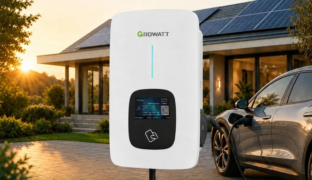 Borne de recharge Growatt THOR branchée à une voiture électrique
